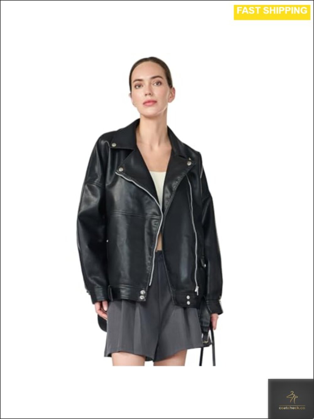Faux Leather Cropped Moto Biker Jacket Oversized Drop Shoulder